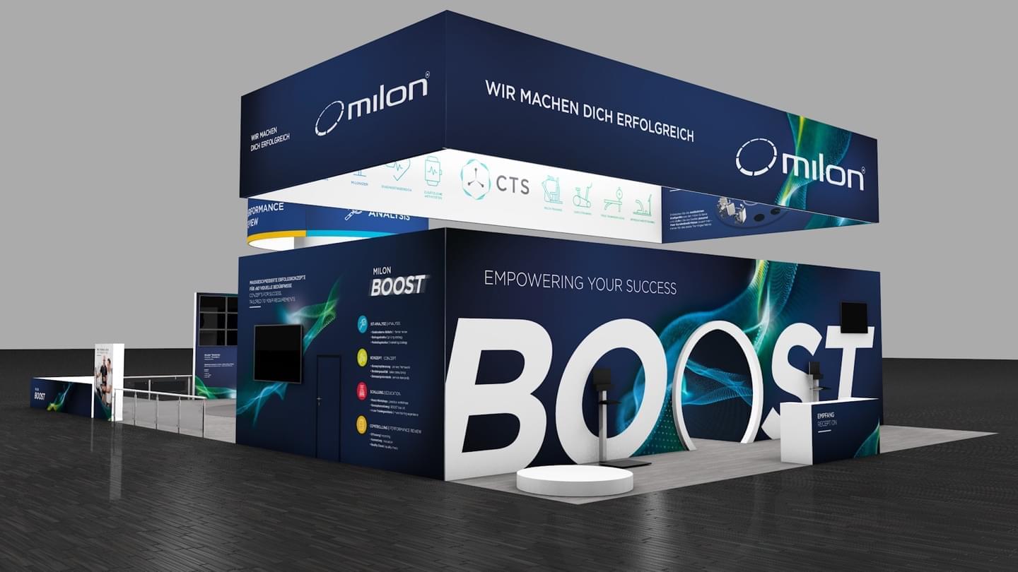 3D rendering of the milon FIBO booth - medium shot front