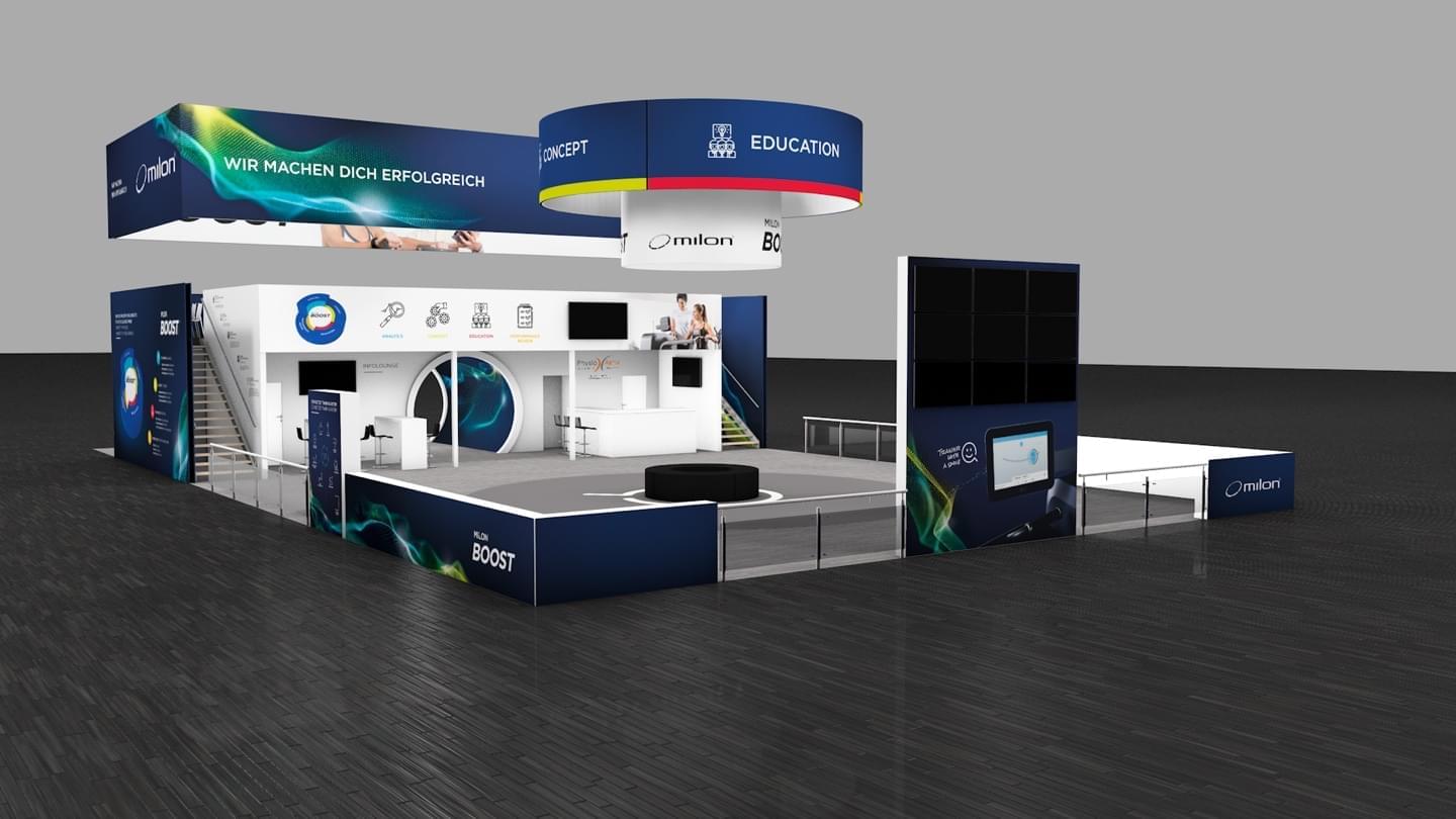 3D rendering of the milon FIBO booth - medium shot back left