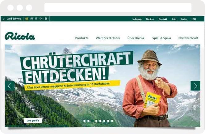 Ricola Chrüterchraft print ad featuring an old herb farmer in front of the Matterhorn panorama that says 'Chrüterchraft entdecken!'