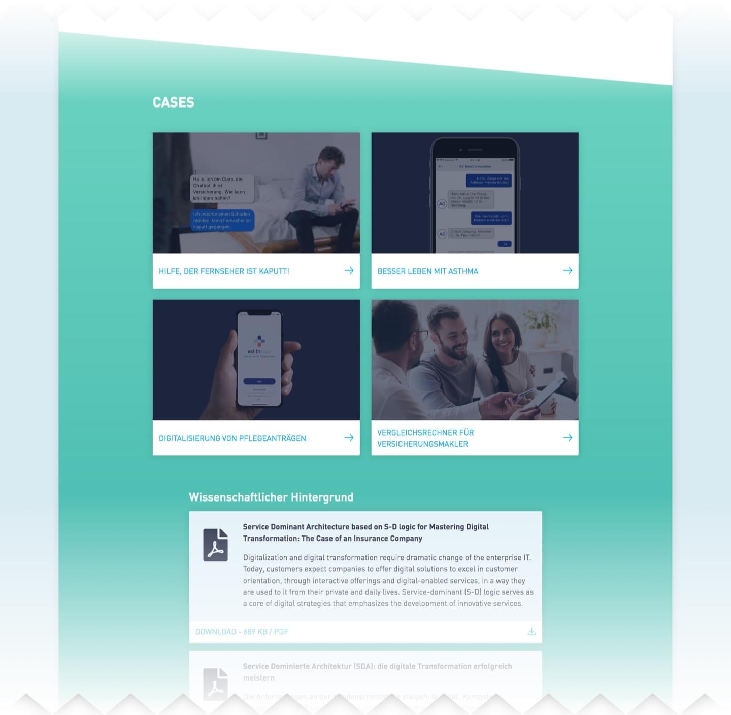 The screenshot shows SDA SE cases. For example: services for the health sector, insurance companies and downloadable scientific articles