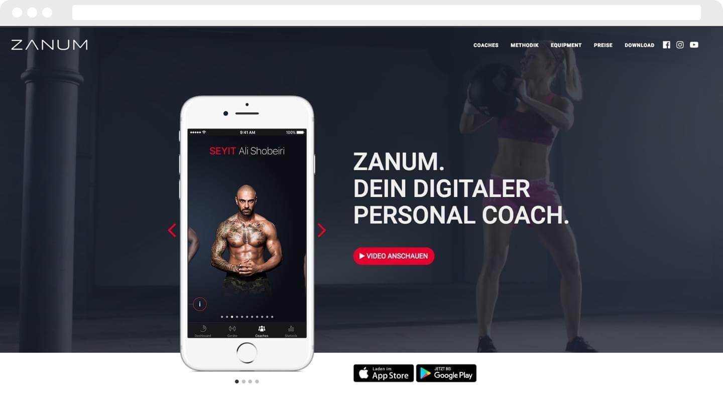 The screenshot shows the header section of the new ZANUM website featuring a mockup of the iPhone app.