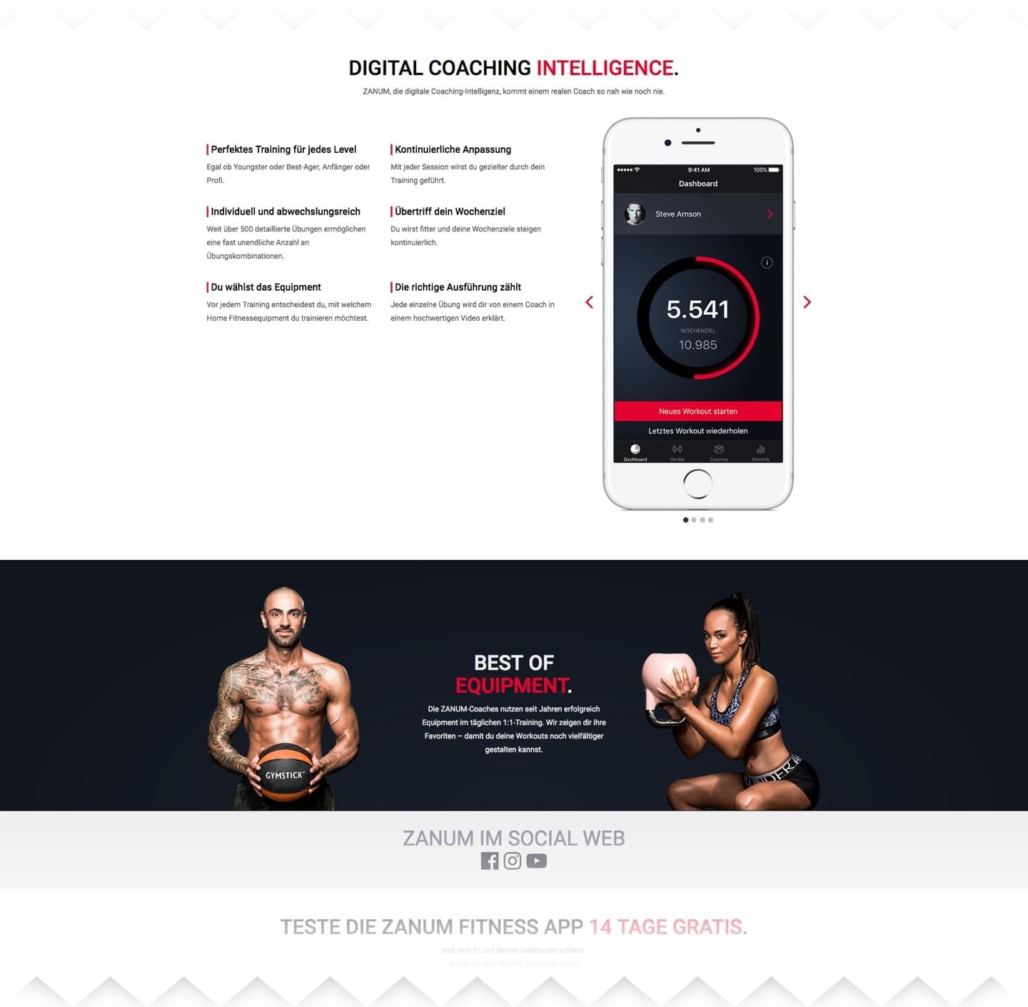 The screenshot shows the ZANUM app feature section that says 'digital coaching intelligence' above a fullwidth image divider featuring two personal coaches and the headline 'best of equipment'.